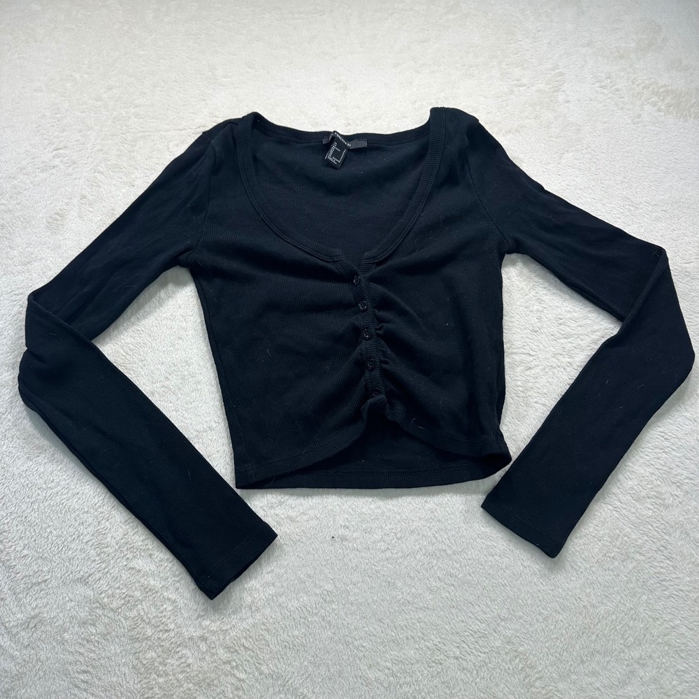 Forever 21 Womens Small Black Ribbed Cinched Button Front Long Sleeve Crop Top